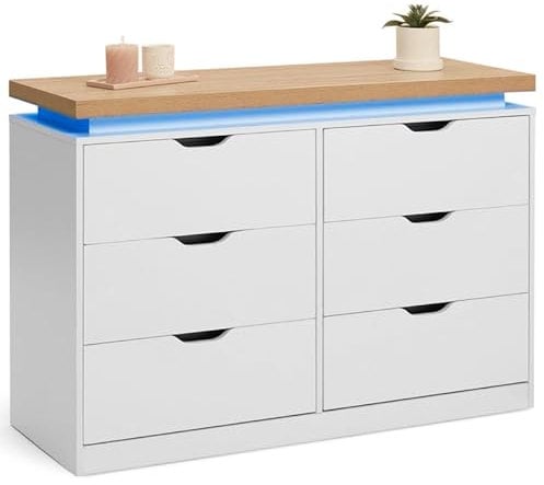 IDMarket - Commode 6 tiroirs Luna à LEDs 115 cm Blanc et Effet Bois