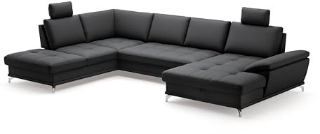 Cavadore Wohnlandschaft Castiel mit Federkern / Sofalandschaft mit großem Longchair, Sitztiefenverstellung, Kopfstützen und satinierten Metallfüßen / 363 x 89-104 x 223 / Echtleder, Schwarz