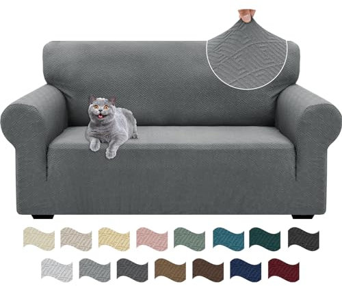 Ystyle Stretch Sofa Überzug 2 Sitzer, Sofabezug rutschfest Mit Armlehne, Elastische Couch Überzug Jacquard, Universal Sofa Cover Moderne, Sofaschoner Hund Katze Für Wohnzimmer, Hellgrau
