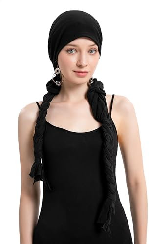 ZLYC Damen Chemo Turban Mütze Headwraps Leichte Beanie Hut(Geflecht Massiv Schwarz)