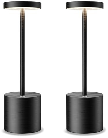 SLSMD 2 Pack Cordless Table Lamp IP54 Battery Operated Desk Lights 5000mAh Rechargeable Aluminum Metal Night Light 3 Color & Stepless Dimming Lamps Portable LED Lamps (2 Pack Black)