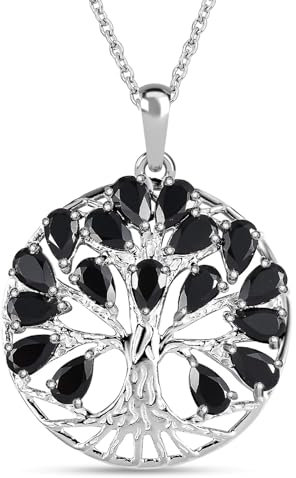 TJC Spinel Tree Of Life Pendant Necklace for Women in 925 Sterling Silver Size 20 Inches with Lobster Clasp with Prong Setting Black Coloured Gemstone Metal Wt. 5.6 Grams