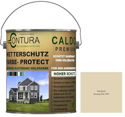 Contura Wetterschutzfarbe 500ml. Holz Dauerschutzfarbe Deckend Buntlack Holzfarbe Holzlasur Seidenmatt (Nordisch - RAL1015 Analog)
