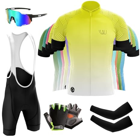Herren Kurzarm Fahrrad Trikot Set,Rennrad Trikot Herren Set+Halbfinger Sommer Fahrradhandschuhe+Polarisiert Fahrradbrille+Sonnenschutz-Radärmel aus Eisseide