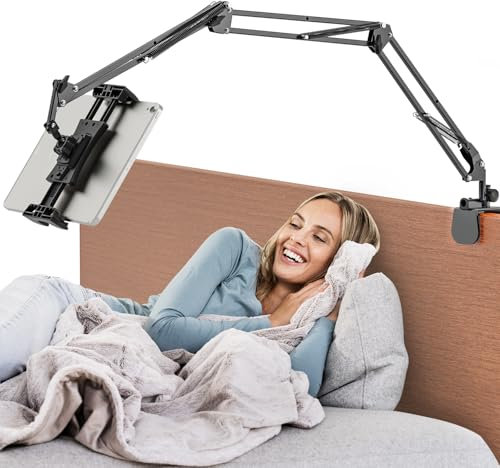 Porta Tablet da Letto, Regolabile Supporto Tablet Letto con Tre Sezioni di Robusti Bracci in Alluminio, Supporto Tablet per iPad, Telefoni Cellulari e Dimensioni Schermo 4,5-12,9 Pollici