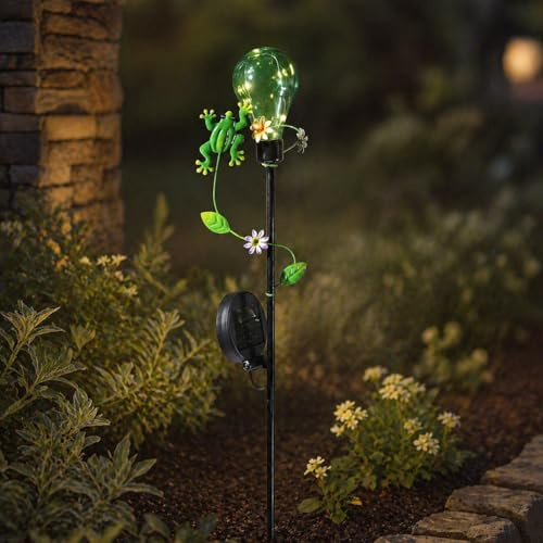 MARELIDA LED Solar Gartenstecker mit Glühbirne und Frosch Beetstecker mit Erdspieß für Garten Balkon Solarspieß Solarleuchte Gartendekoration Solarlampe H: 84cm