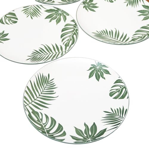 Darthome Tropical Leaf Dinner Plates 27cm Set of 4 Green White Ceramic Round Kitchen Tableware