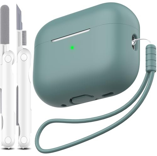 MHYALUDO Custodia per AirPods Pro di seconda generazione, Custodia per AirPods Pro in morbido silicone anticaduta e antiurto Skin Touch con portachiavi e kit di pulizia,Verde pino