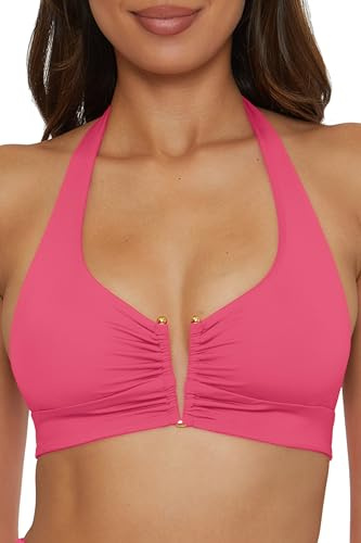 BECCA Women's Color Code V-Wire Shirred Bikini Top, Adjustable, Tie Back, Swimwear Separates, Pink Agate, Medium