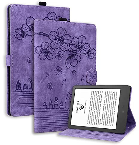 TEDTIKJT Tablet Cover per 6 Pollici Kindle (11.Generation 2022) Custodia PU Pelle Libro con Supporto Funzione Protettiva Cover per Kindle 6 11th Gen Tablet Custodia,Gatto Sakura Viola