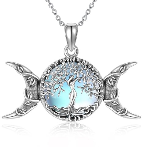 YAFEINI Wiccan Moon Necklace Sterling Silver Triple Moon Goddess Tree of Life Moonstone Pendant Necklace Pagan Protection Jewelry for Women