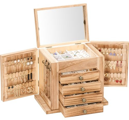 ProCase Schmuckkästchen Schmuckaufbewahrung Holz Schmuckschatulle mit 5 Ebenen Schmuckkasten Schmuckbox Schmuck Organizer mit Spiegel, Schubladen für Ringe, Ohrringe - Natural