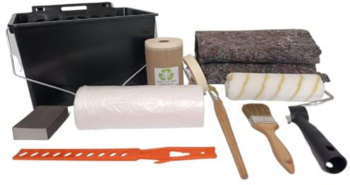 KOUSEL KIT TAPADO PINTOR plástico protector cubretodo, Manta fieltro cubresuelos Cinta Pintor Papel con cinta Cubeta Rodillo Pincel Set Completo para Pintar Paredes, Techos (KIT PRO 11)