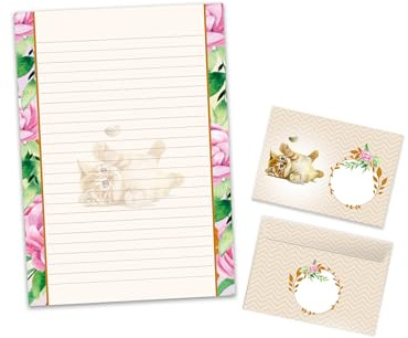 Briefpapier-Set Briefblock mit Umschlag für Jungen Mädchen Kinder Tiere Kätzchen Katze (Block A4 mit 25 Blätter + 15 Umschläge)