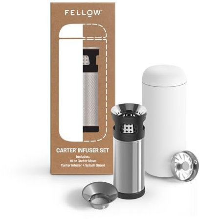 Fellow Carter Tea + Cold Brew Infuser & Carter Move 16 oz Tumbler Set - Steep Tea On-The-Go - Vacuum-Insulated Stainless Steel Travel Mug Snap-in Infuser for Steeping, Cold Brew, Matte White