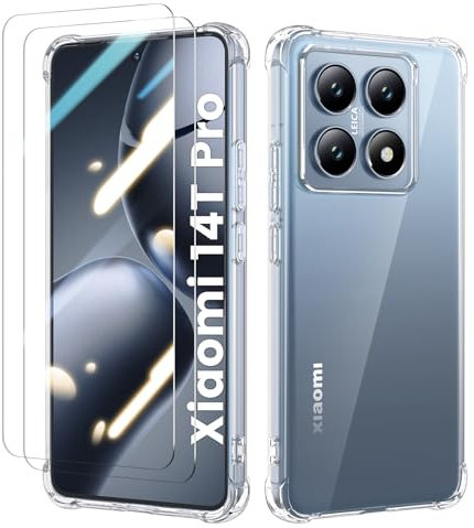 Doeshine Coque pour Xiaomi 14T Pro avec 2 Protection Écran en Verre Trempé, Antichoc Transparent Silicone Souple TPU Bumper Protection et Anti Rayures Housse pour Xiaomi 14T Pro (Transparente)
