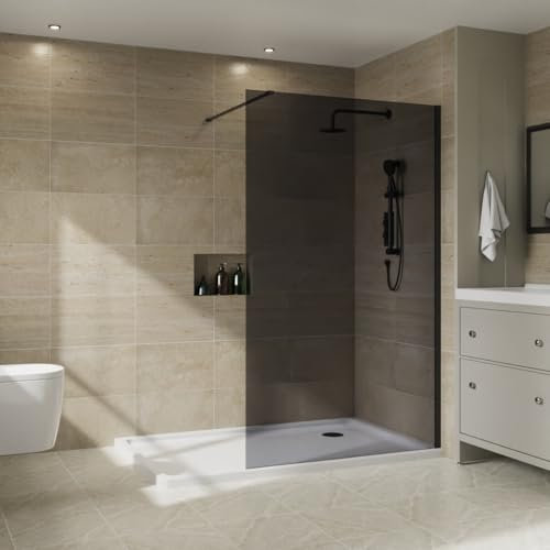 NRG 1400 x 1950mm Bathroom Wet Room Screen Panel 8mm Smoked Easy Clean Glass Black Framed Walk in Shower Enclosure