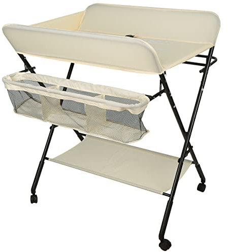 Kedia Baby Wickeltisch, Multifunktions-Wickelkommode, Babypflegetisch, Mobiler Wickeltisch mit Ablagefächern und Sicherheitsgurt (Beige gelb-80 * 66 * 98cm)