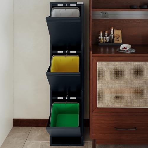 VEEHAUS Küchen Mülltrennsystem, Metall Müllschrank, 3 Klappfächer 3 x 15 L | Freistehend & vormontiert, 3 einzeln zu öffnende Klappen, Magnetische Außenfläche, Herausnehmbare Eimer, 45 L, Anthrazit