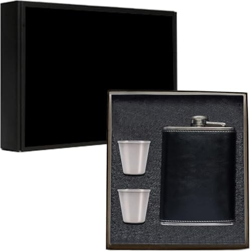 8oz Hip Flask for Liquor, Leather Wrapped Flask Alcohol with Shots, Black | Leak Proof, Stainless Steel, Pocket Whiskey Flask for Hiking, Camping, Great Birthday Christmas Gift for Men