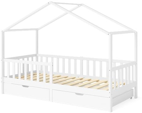 Bellabino Bia Kinderbett 80x160 cm – Hausbett mit Rausfallschutz, Lattenrost & 2 Schubladen – Montessori Kinder Bett aus Massivholz Kiefer – Bett für Jungen und Mädchen mit Stauraum in Weiß