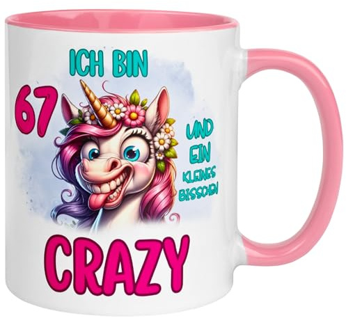 67 Geburtstag Frauen Geschenk Tasse | Ich bin 67 und kleines bisschen crazy | Lustige Geburtstagstasse mit Spruch 67. Geburtstag | 67ter Geburtstag - Witziges Geburtstagsgeschenk Frau