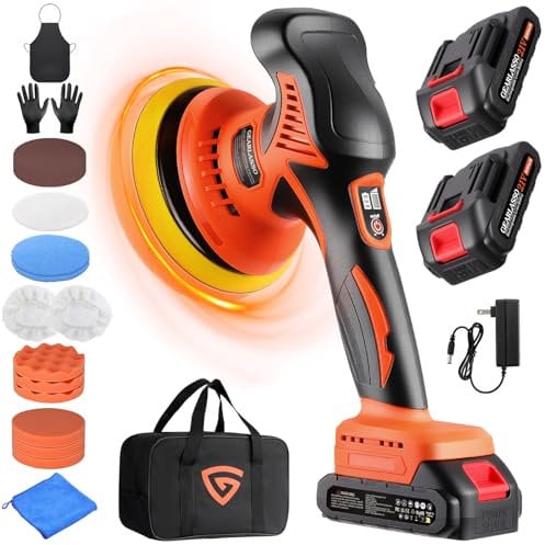 Lucidatrice per auto, 8 velocità variabili, 2800 – 6000 giri/min, lucidatrice per auto senza fili con 2 batterie da 21 V 2,0 Ah e set di lucidatura da 17 pezzi per la cura dei dettagli dell'auto e la