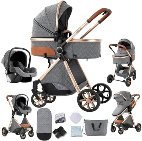 3 in 1 Kinderwagen,kinderwagen set,verstellbarem Verdeck und Aluminiumrahmen(Grau)