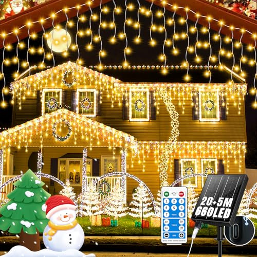 GCMacau Eisregen Lichterkette 2500mAh Solar [20m +5m], 660LEDs Weihnachtsbeleuchtung Außen,8 Modi,Erweiterbar,111 Tropfen, Lichterkette Außen USB-Strom,IP65 Wasserdicht Mit Fernbedienung Timer