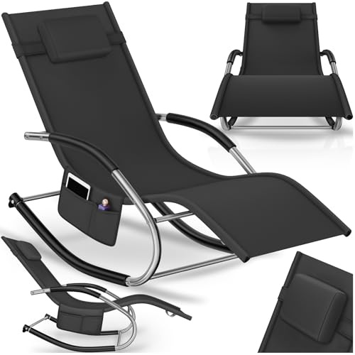 tectake® Gartenliege mit Seitentasche, Relaxliege, Liegestuhl Schaukelstuhl, Sonnenliege, Schaukel Outdoor Gartenmöbel, Terrasse, Balkonmöbel, Pool Garten, Lounge Möbel Outdoor - schwarz, 1 Liege