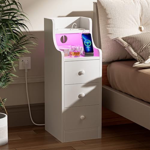 Ztexkee Comodino Stretto con presa e striscia luminosa a LED piccolo Comodini Stretto Comodino con 3 cassetti e 2 scomparti portaoggetti per camera da letto, soggiorno Bianco