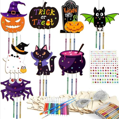 Littleboyny 8 Stück Halloween Windglocke Kit, DIY Holz Windglocken Holz Handwerk für Kinder, Geburtstag, Party Dekoration