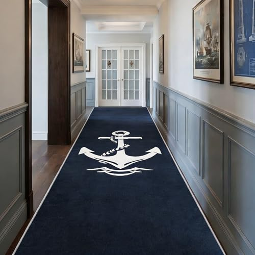 Generisch Läufer Flur Nautisch, Waschbarer Teppich Läufer Küste Maritim Blau 90x200, Küchenteppich, Eingangsbereich, Bettvorleger, Schlafzimmer Deko, rutschfest, Kurzflor e726