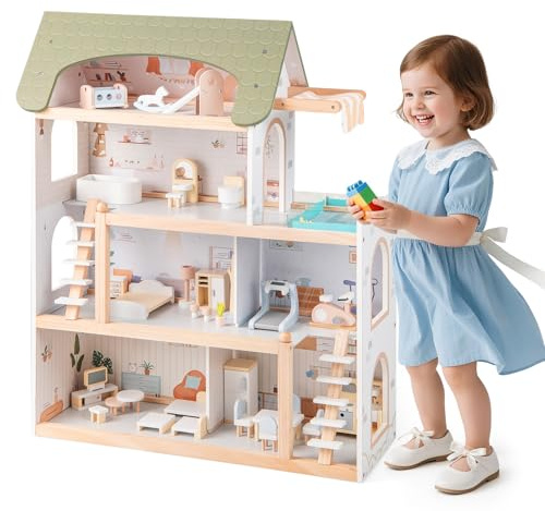 GYMAX Casa delle Bambole in Legno, Casa delle Bambole Moderna a 4 Piani con 33 Pezzi di Accessori per Mobili, 6 Stanze, Balcone con Piscina, Giocattolo per Gioco Immaginativo per Bambini 3+ Anni