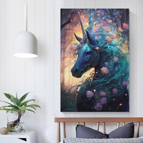 POLIUAWS Einhorn- und Zauberwald-Poster, Kunstdrucke für Zuhause, Schlafzimmer, Toilette, Badezimmer, Wanddekoration, Wandkunst, Leinwand, Geburtstagsfeier, Paar, 40 x 60 cm (16 x 24 Zoll)