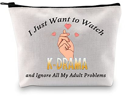 PXTIDY K-Drama Gifts Lustige K Drama Kosmetiktasche für Fans I Just Want To Watch K-Drama and Ignore All My Adult Problems Tasche, beige, Make-up-Tasche