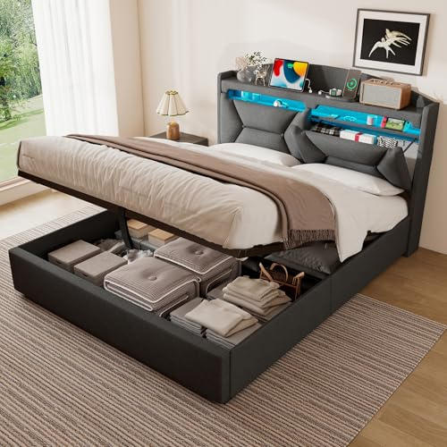 ZUUYEE King Size Bed Frame 5ft with LED, USB C, Ottoman Bed King Size with Lift Up Storage and Headboard, Beds, Frames and Bases with Slats Metal Bedframe, Linen, Grey, 150x200 cm, Without Mattress