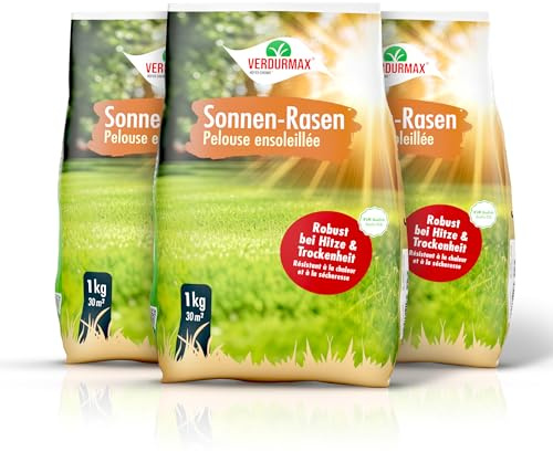 VERDURMAX 3 x 1 kg Trockenrasen Samen | DürreresistenterRasensamen für sonnige Lagen, hitze- und trockenheitsresistent, tiefwurzelnd, schnell keimend und dauerhaft