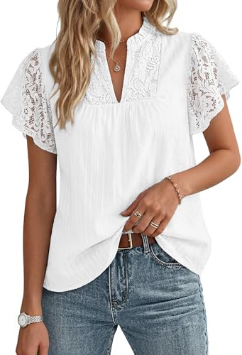 GRACE KARIN Camicia da Donna in Pizzo di Cotone, Elegante Henley con Scollo a V, Maniche Corte a Volant, Top Estivo, bianco, XL