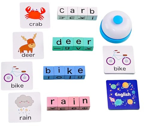 Buchstabenset für Wörter - aus Holz für Vorschulen, Buchstabenset mit Lernkarten | für Schule, Kindererziehung, Kindergarten, Familientreffen, Kinder + 3