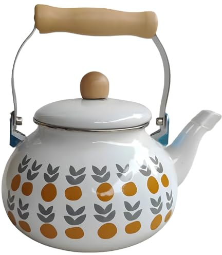 Packool 2.5 L / 84.5 fl oz Patterned Enamel Tea Kettle, Smooth Pour Spout, Thickened Enamel Stovetop Teapot with Wooden Handle, Gas & Induction Cooktop Use, Quick Heat Conduction