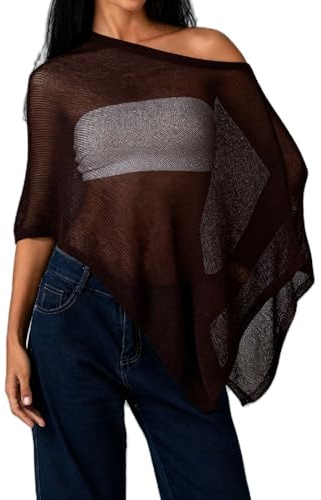 DexQur Womens Sheer Poncho Top Y2k Knitted Summer Asymmetrical Mesh Shawl Pullover Sweater Cover Up Tops