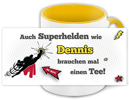 Namens-Tasse Dennis mit Superhelden-Motiv für Teetrinker, gelb/weiss