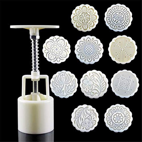 Juego de 11 moldes de mooncake mold, molde a presión de mano + 100 g de modo de flor para sellos de émbolo, cortador de galletas redondo de plástico, molde para tarta de luna, cocina DIY pas