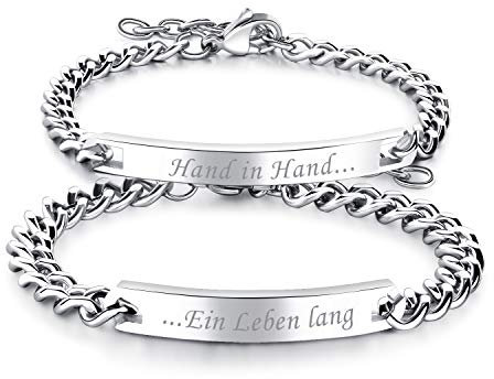 Flongo Paar Armbänder EIN Paar Edelstahl-Armbänder mit Textgravur Liebesschwüre Silber Partnerarmbänder Love-Schmuck Geschenke für Valentinstag Geburtstage Jahrestage