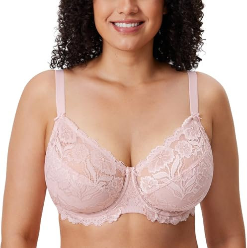 DELIMIRA Donna Reggiseno con Ferretto Taglie Forti Pizzo Senza Imbottito Sostegno Rosa Nudo 5D