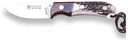 Joker Jagdmesser Aguila CC103, Klinge 8,5 cm MOVA, Überlebensmesser mit Hirschhorngriff, rote Holzfassung, Gürtelmesser mit brauner Lederscheide, Werkzeug zum Angeln, Jagen, Camping und Wandern