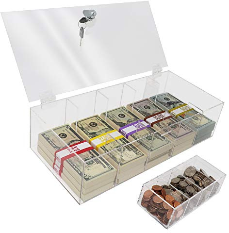Clear Locking Currency Tray, 5 Compartment Cash Organizer Money Storage Box with Lockable Cover and Coin Tray Insert, 300 Currency Wrappers Included