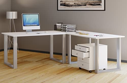 VCM Eckschreibtisch Schreibtisch Computer Winkeltisch Lona Tiefe 50 U Alu Silber 160, 160, Weiß