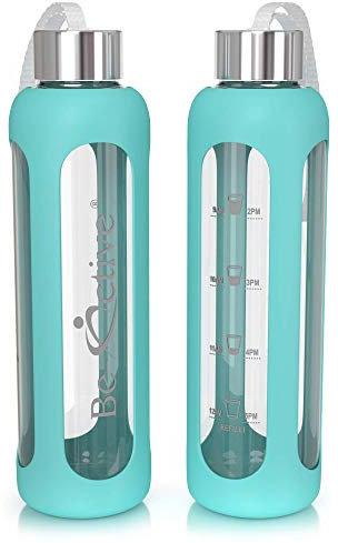 Be-Active Bouteille d'eau en Verre avec Le Temps de Boire Marquages Hydratation de Motivation sans BPA - Verre Borosilicate, Bouteille en Verre avec Couvercle en Silicone - 550 ML 1000 ML